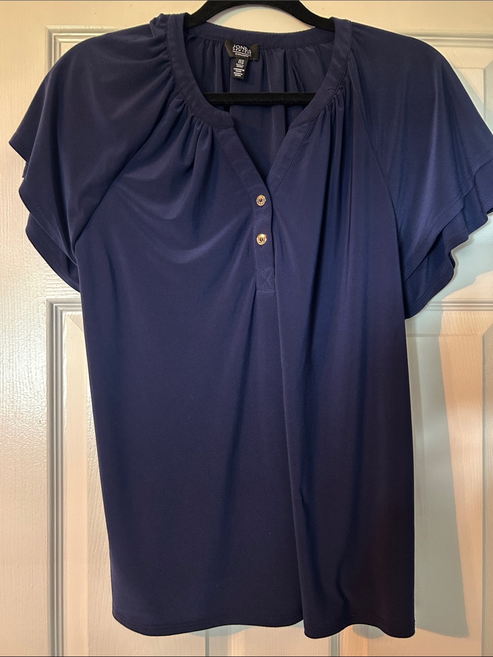Jones New York Navy Short-Sleeve Gathered Neck Blouse